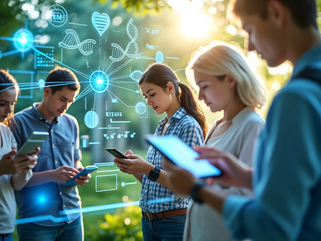 Diverse group using tech devices amidst digital-natural landscape, symbolizing tech-health connection with health icons subtly included.