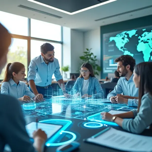Futuristic classroom with diverse students using holographic displays; educators guide learning in a tech-driven, globally connected setting.