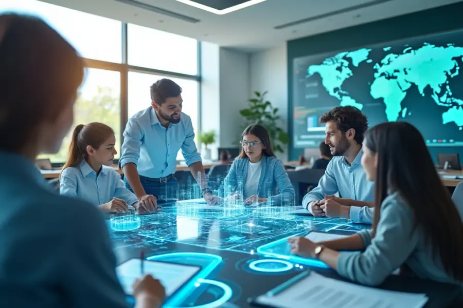 Futuristic classroom with diverse students using holographic displays; educators guide learning in a tech-driven, globally connected setting.