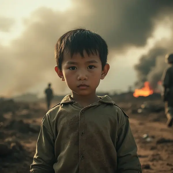 A young Vietnamese child stands solemnly in a dusty, war-torn landscape, symbolizing innocence amid the chaos of the Vietnam War.