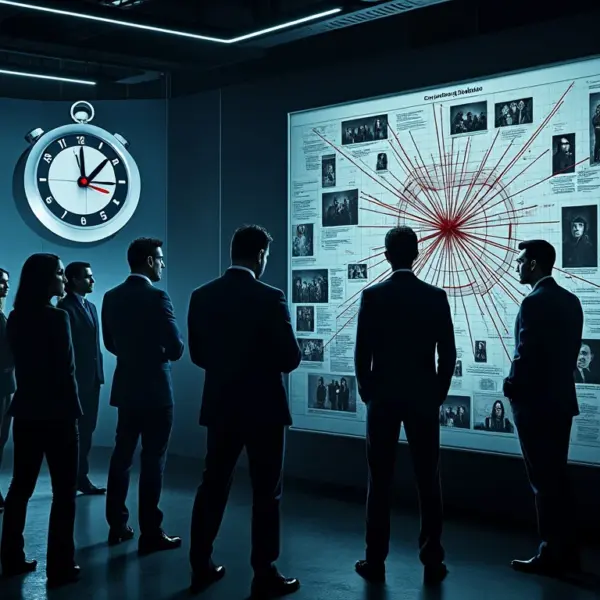 Detectives analyze an evidence board in a dimly lit room, creating suspense in a crime investigation scene from "Criminal Minds: Evolution."