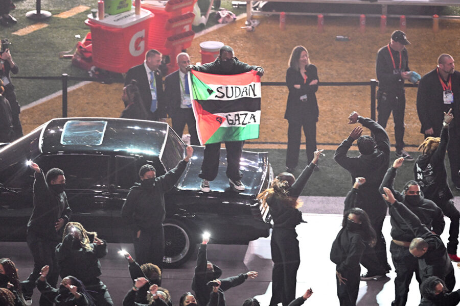 Kendrick Superbowl Halftime Show protester Sudan Gaza