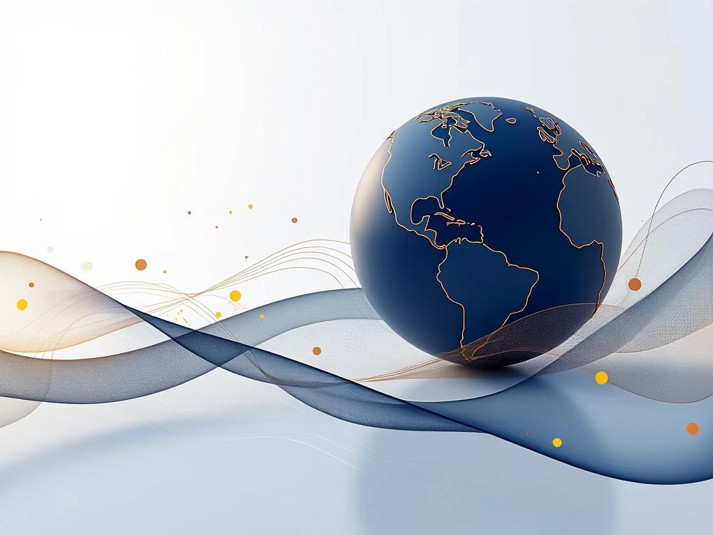 Стилізований глобус у темно-синьому та золотому кольорах з лініями зв'язку на білому тлі для новинного медіа