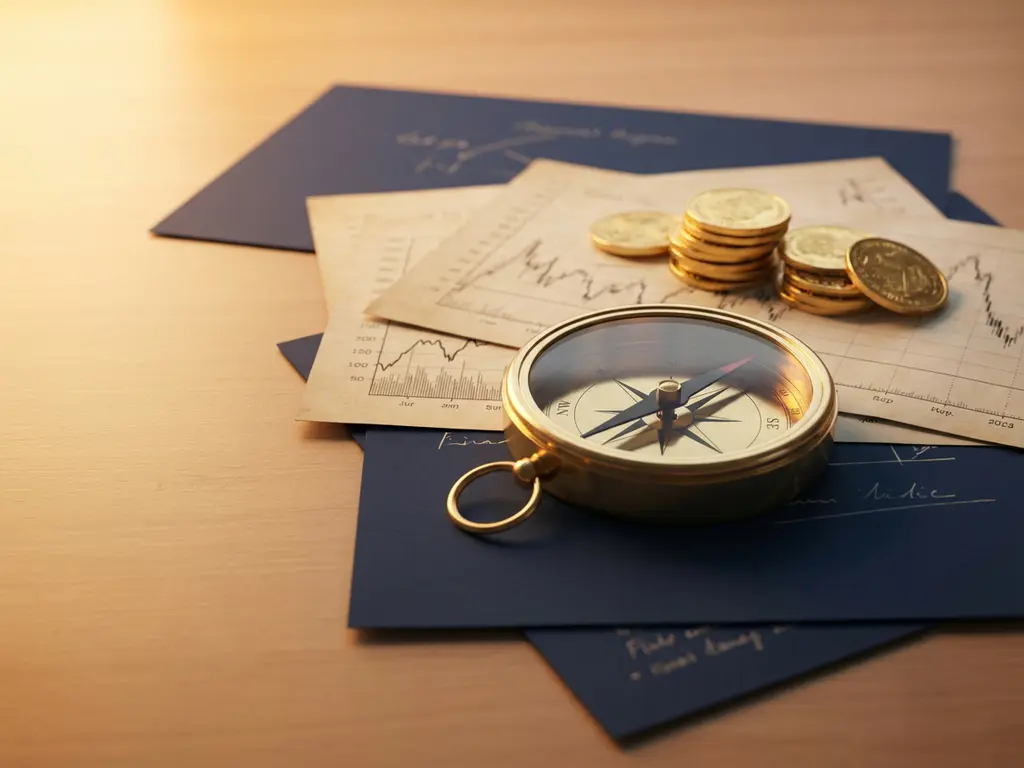 Латунний компас на фінансових документах вказує на стопку золотих монет при теплому освітленні