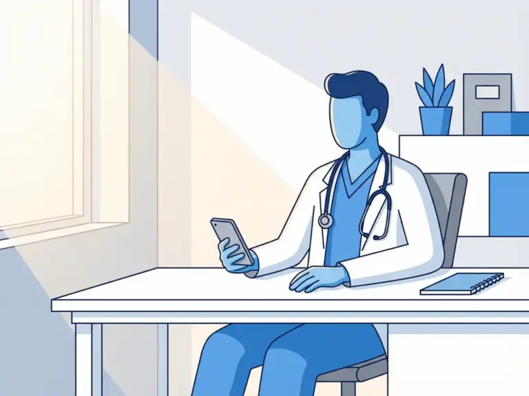 Медичний працівник зі стетоскопом тримає смартфон за білим столом у природному освітленні