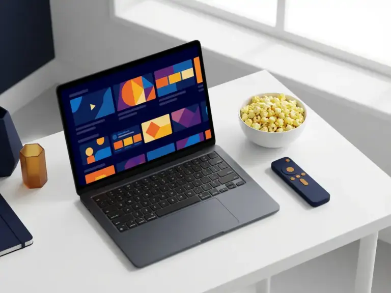 Ноутбук із яскравими інтерфейсами стрімінгових сервісів на білому столі поруч із попкорном і пультом