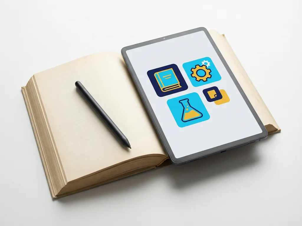 Планшет з освітніми додатками на відкритому підручнику зі стилусом на білому столі