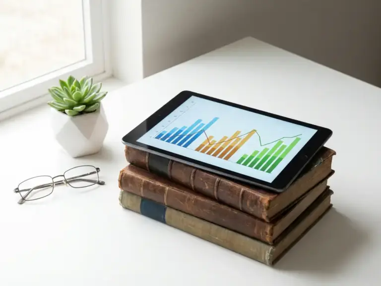 Сучасний планшет з освітніми діаграмами на стопці підручників поруч з окулярами та рослиною на білому столі