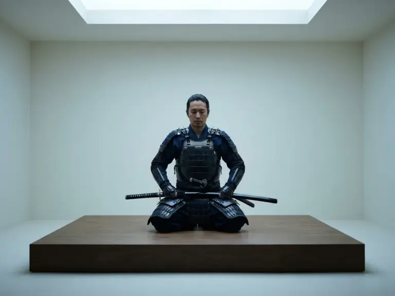 Самурай у синьому обладунку медитує з катаною на колінах на дерев'яній платформі в мінімалістичному стилі