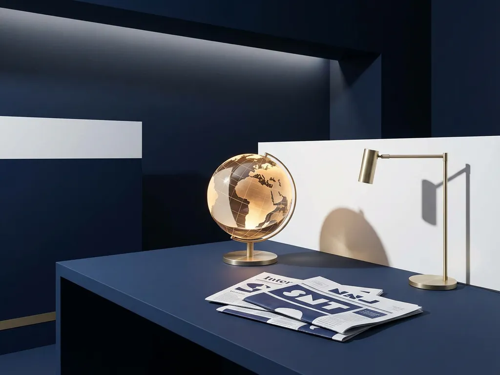 Скляна глобус з підсвіченими континентами на столі редакції серед міжнародних газет під настільною лампою