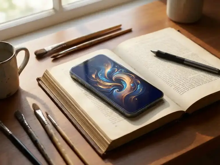 Смартфон з цифровим мистецтвом на старій книзі поруч з пензлями та стилусом на дерев'яному столі