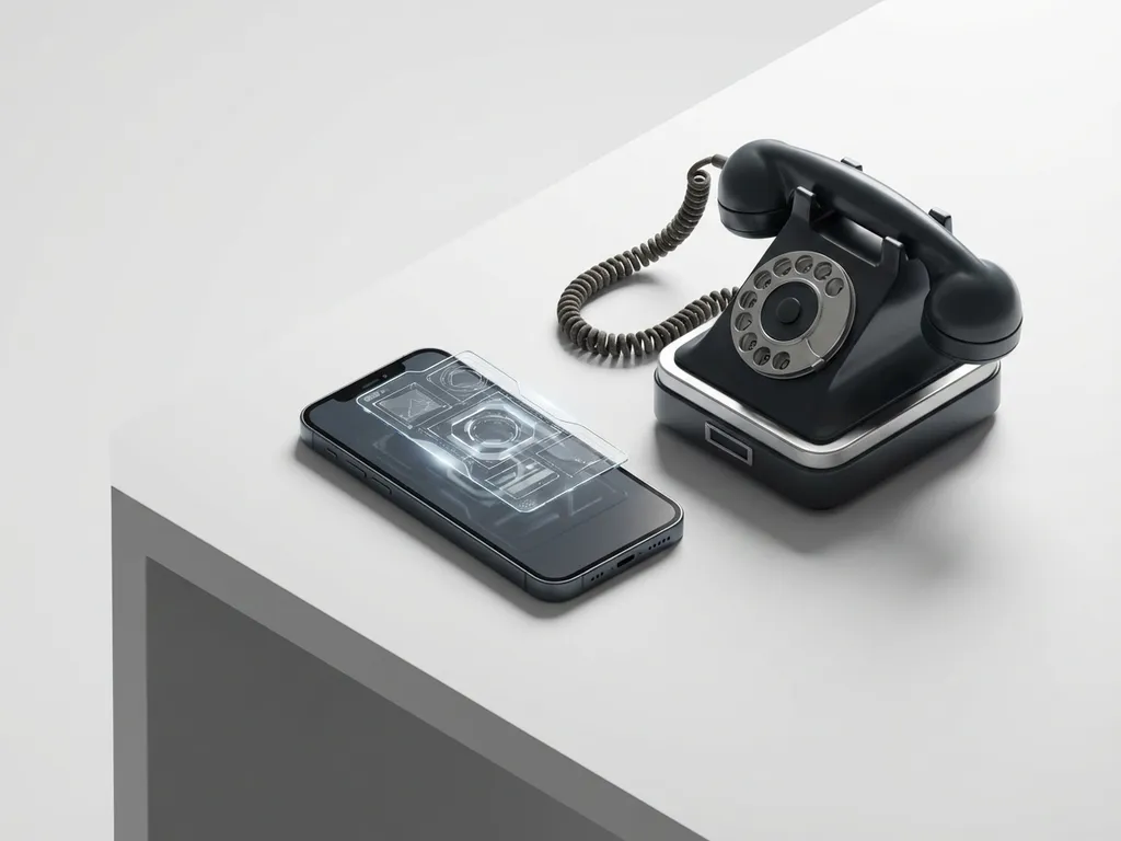 Смартфон з голографічним інтерфейсом на мінімалістичному білому столі поруч із вінтажним дисковим телефоном