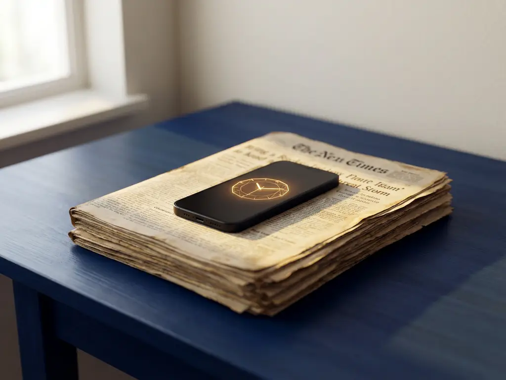 Смартфон з яскравим екраном лежить на стопці старих газет на сучасному столі з м'яким освітленням