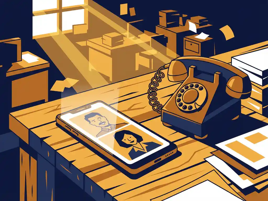 Сучасний смартфон з відеодзвінком поруч зі старим дисковим телефоном на дерев'яному столі в теплому освітленні