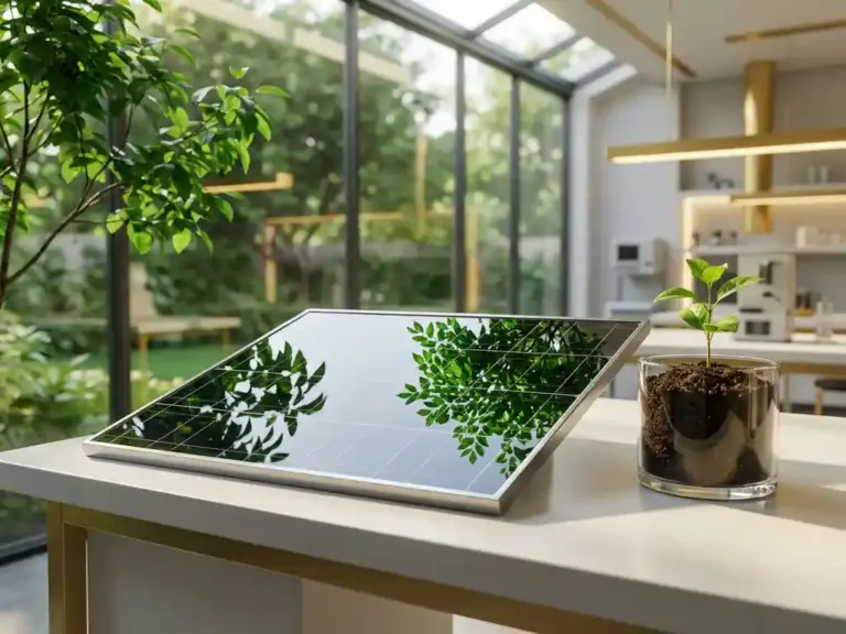 Сонячна панель на лабораторному столі поруч із молодою рослиною в ґрунті, відображає зелене листя дерева