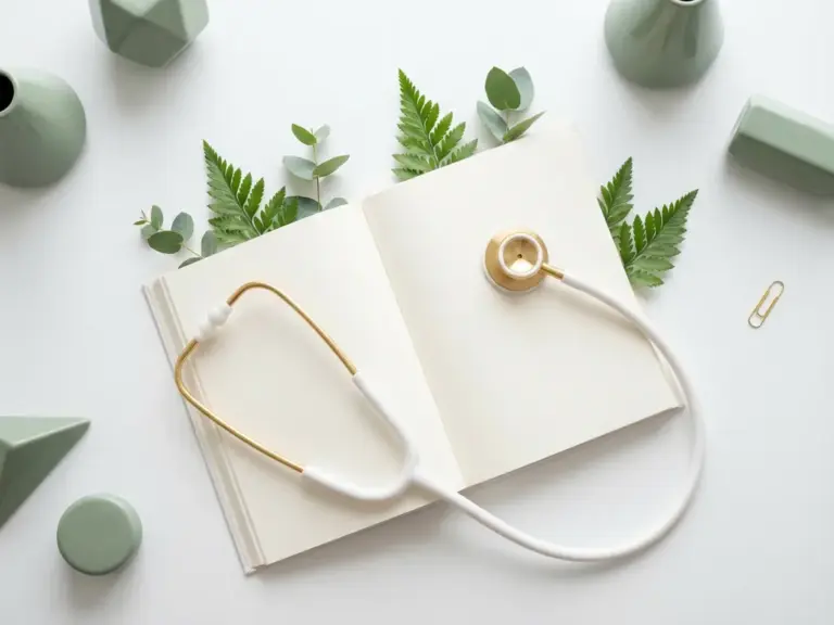 Сучасний стетоскоп на відкритому медичному журналі з зеленими листками рослин, білий лабораторний стіл, вид зверху