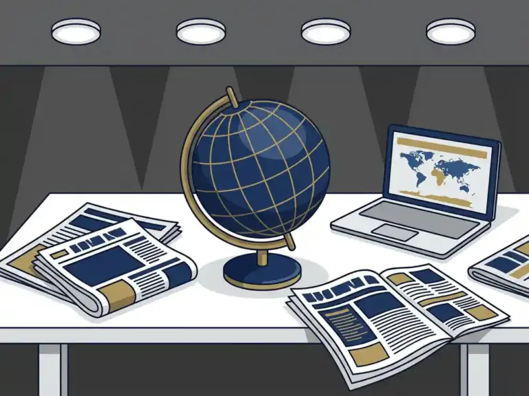 Глобус на білому столі в редакції з міжнародними газетами та ноутбуком з картою світу