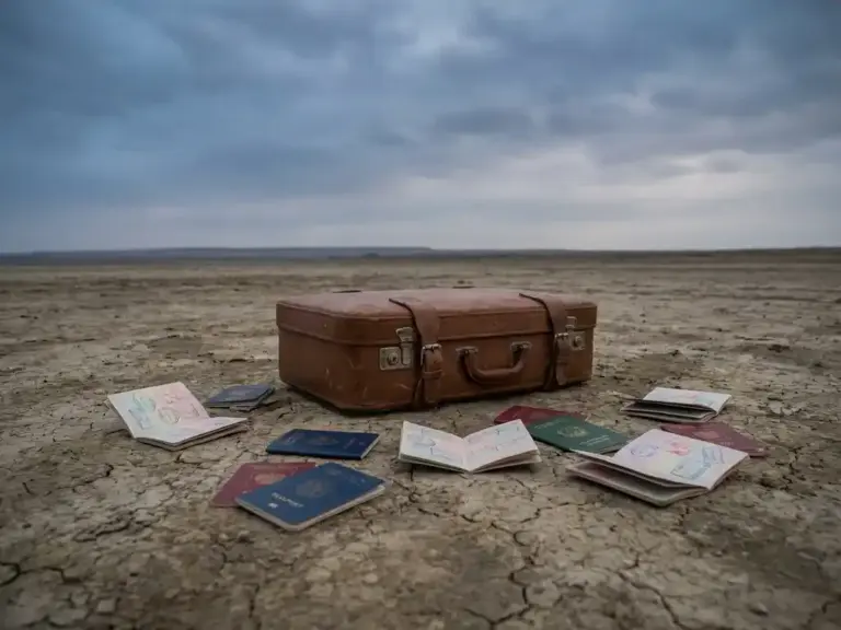 Потертий шкіряний валіза на розтрісканій землі, оточений паспортами різних країн, тьмяне охристо-сіре світло.