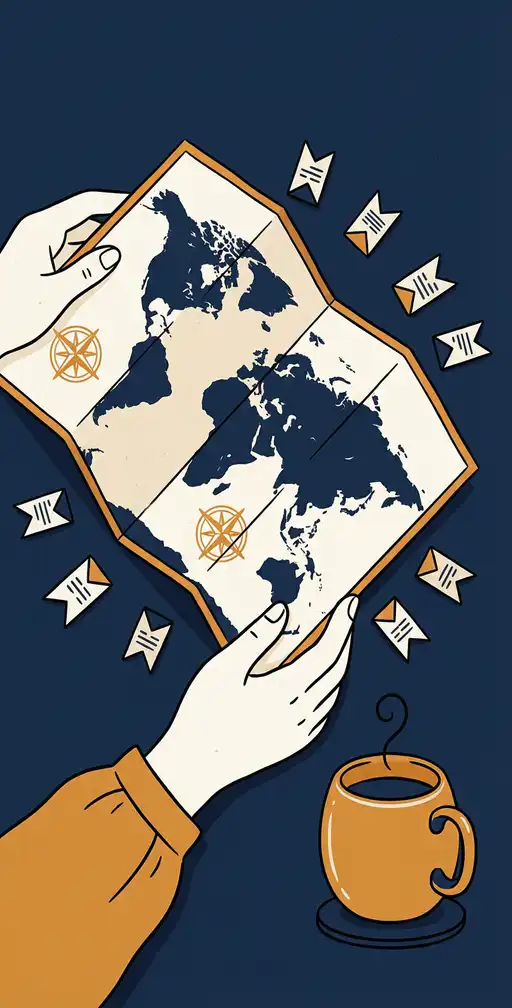Beginner's hands unfolding an illustrated world map with headline snippets, coffee mug at corner, navy and amber flat lay composition.