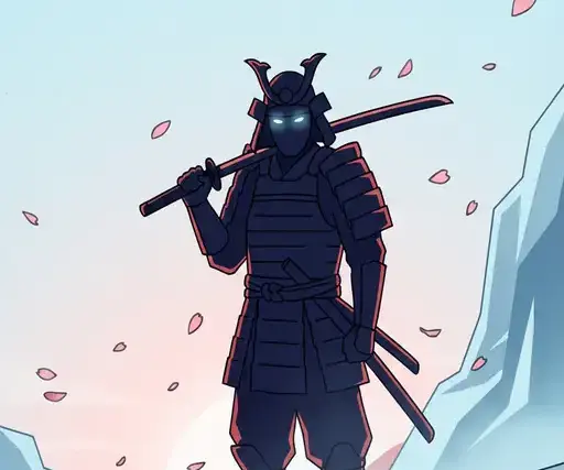 Силует самурая на гірському хребті на світанку з катаною на плечі, пелюстки сакури, векторний стиль.