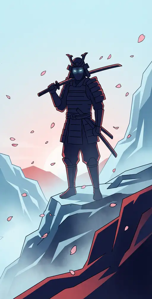 Силует самурая на гірському хребті на світанку з катаною на плечі, пелюстки сакури, векторний стиль.