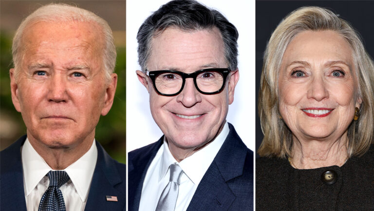 Joe Biden Stephen Colbert and Hillary Clinton