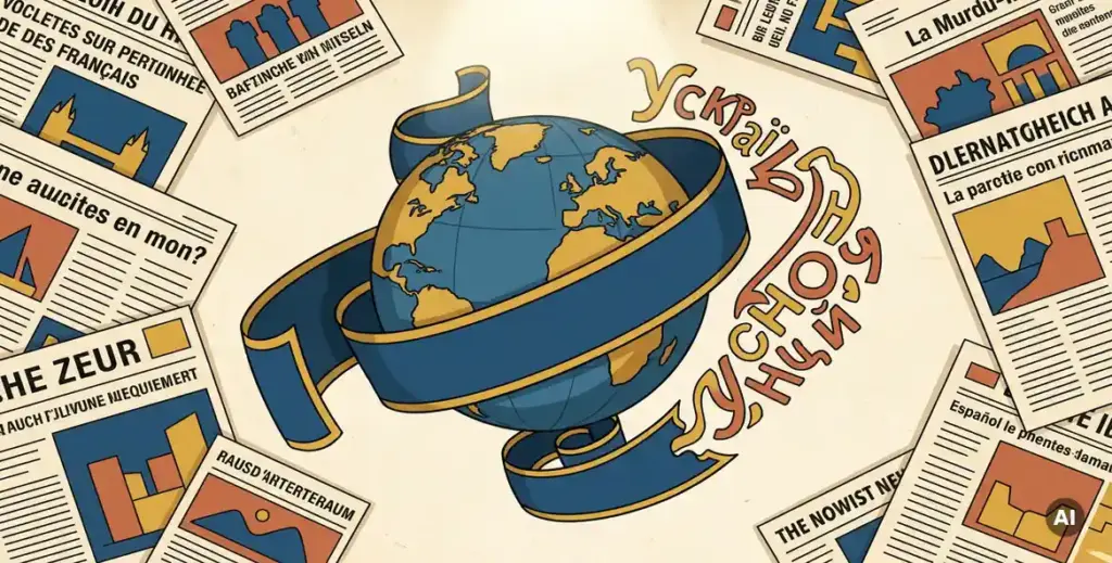 Vintage globe wrapped in multilingual newspaper clippings and a flowing ribbon of Ukrainian text against a warm cream background.