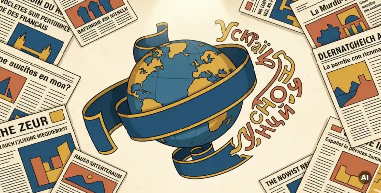 Vintage globe wrapped in multilingual newspaper clippings and a flowing ribbon of Ukrainian text against a warm cream background.