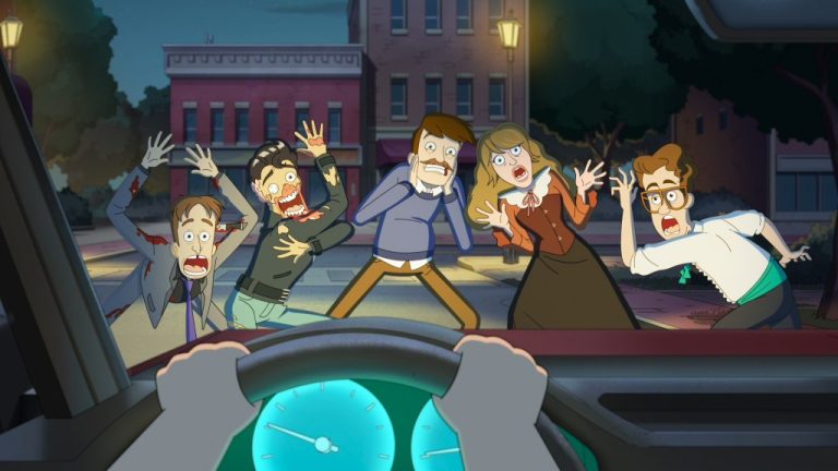 "Animated characters look shocked and scared as they stand in front of a car at night on a city street, viewed from the driver’s perspective behind the steering wheel and dashboard gauges."